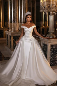 Off the Shoulder Ivory Satin Wedding Dresses, 2 Pieces Wedding Dresses, Bridal Gown