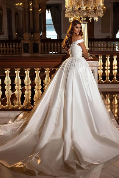 Off the Shoulder Ivory Satin Wedding Dresses, 2 Pieces Wedding Dresses, Bridal Gown