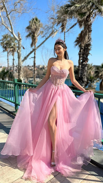 Elegant Lace Wedding Dresses, A-line Newest Long Prom Dresses, Tulle Strapless Bridal Gowns