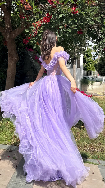 Off Shoulder Lilac Bridal Gowns, A-line Tulle Popular Newest Long Prom Dresses, Appliques Wedding Dresses