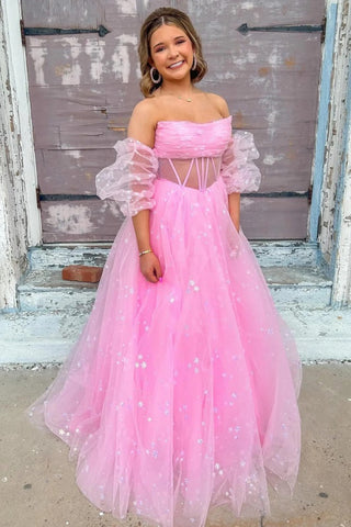 Bubble Sleeves Fashion Girl Party Dresses, A-line 2025 Newest Long Prom Dresses, Holiday Dresses