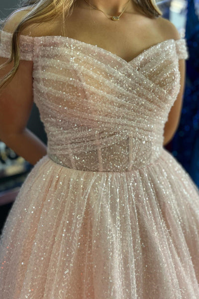 Off The Shoulder Sequins Graduation Party Dresses, A-line 2025 Newest Long Prom Dresses