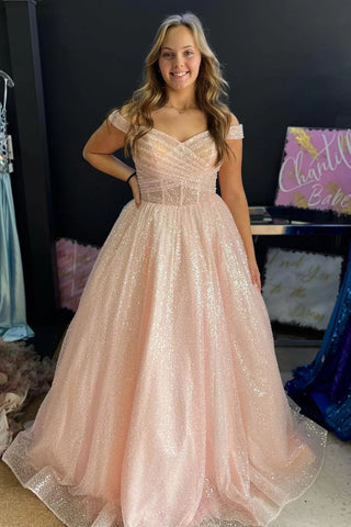 Off The Shoulder Sequins Graduation Party Dresses, A-line 2025 Newest Long Prom Dresses