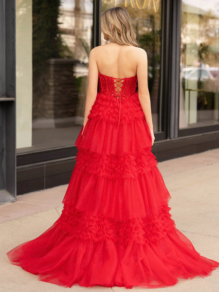 A-line Luxury Red Color Wedding Dresses, Strapless Newest Long Prom Dresses
