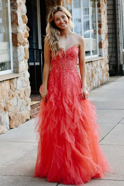 Strapless Puffy Newest Long Prom Dresses, 2025 Sweetheart Lace Bridesmaid Dresses