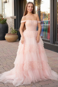 Off The Shoulder A-line Newest Long Prom Dresses, Pink Tulle Fashion 2025 Wedding Dresses