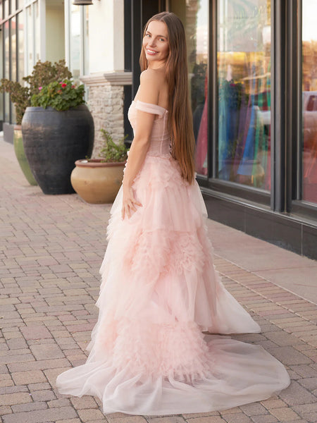 Off The Shoulder A-line Newest Long Prom Dresses, Pink Tulle Fashion 2025 Wedding Dresses