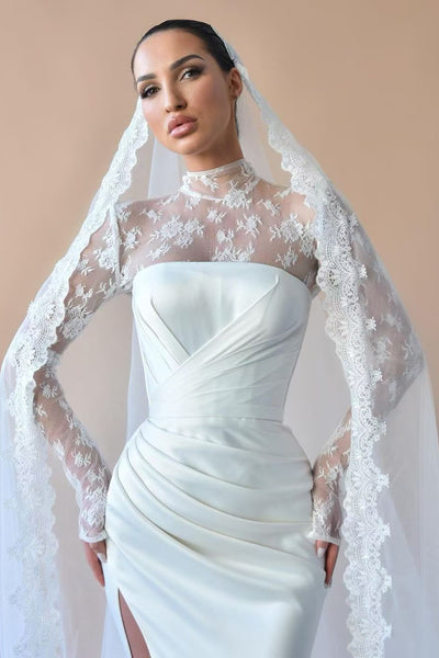 High Neck Lace Satin Sheath Wedding Dresses, High Slit Briidal Gown, Unique Wedding Dresses