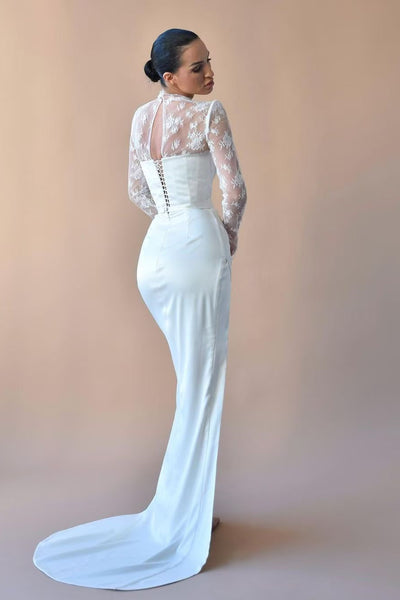 High Neck Lace Satin Sheath Wedding Dresses, High Slit Briidal Gown, Unique Wedding Dresses