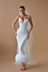 Spaghetti Long Mermaid Sequin Beaded Wedding Dresses WIth Feather, Chic Wedding Dresses, Long Prom Dresses