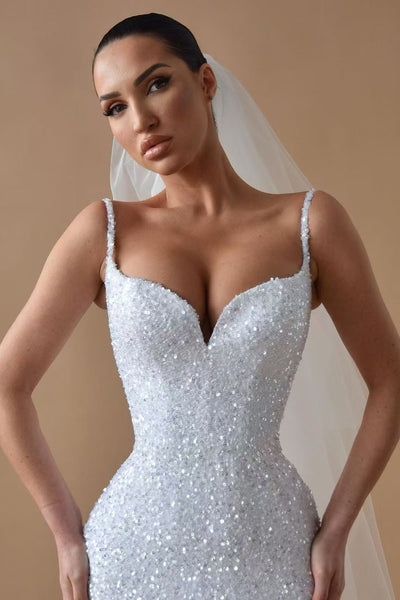 Spaghetti Long Mermaid Sequin Beaded Wedding Dresses WIth Feather, Chic Wedding Dresses, Long Prom Dresses
