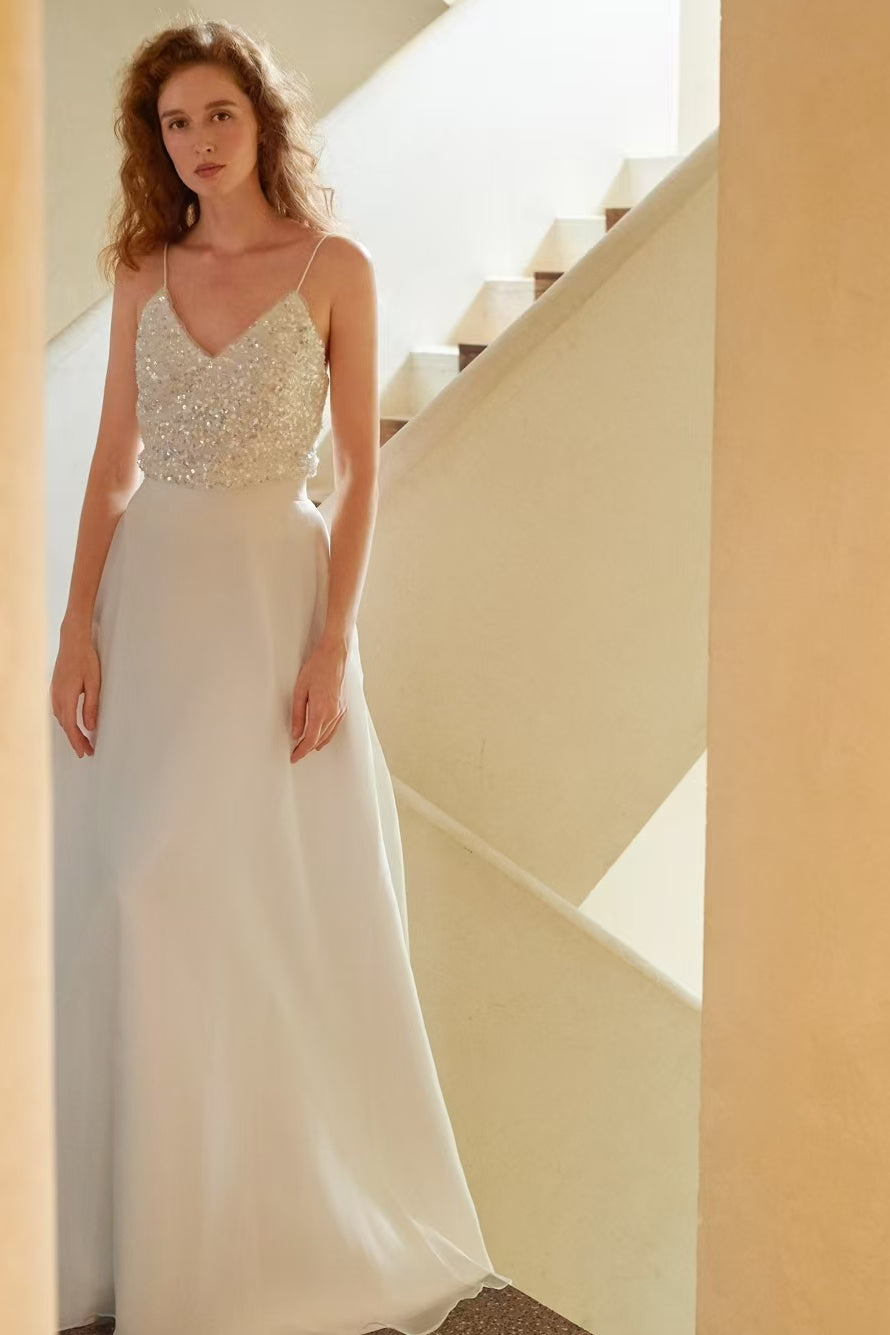 Spaghetti V-neck Shiny Sequin Beaded Top Wedding Dresses, Chic Bridal Gown, Long Wedding Dresses