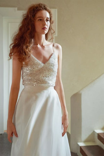 Spaghetti V-neck Shiny Sequin Beaded Top Wedding Dresses, Chic Bridal Gown, Long Wedding Dresses