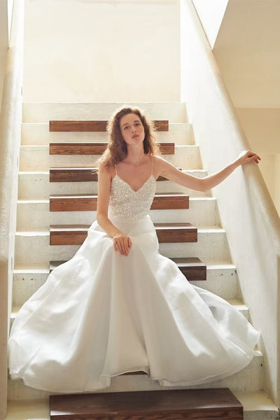 Spaghetti V-neck Shiny Sequin Beaded Top Wedding Dresses, Chic Bridal Gown, Long Wedding Dresses