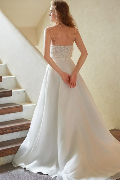 Spaghetti V-neck Shiny Sequin Beaded Top Wedding Dresses, Chic Bridal Gown, Long Wedding Dresses