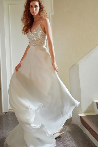 Spaghetti V-neck Shiny Sequin Beaded Top Wedding Dresses, Chic Bridal Gown, Long Wedding Dresses