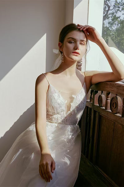Spaghetti Long A-line Lace Tulle Wedding Dresses, Bridal Gown, Simple Wedding Dresses