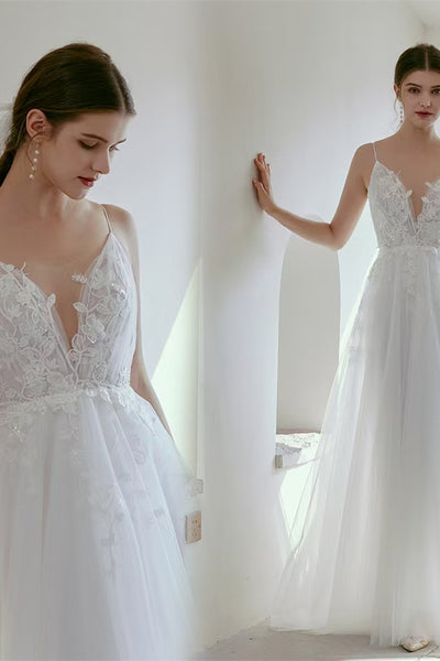 Spaghetti Long A-line Lace Tulle Wedding Dresses, Bridal Gown, Simple Wedding Dresses