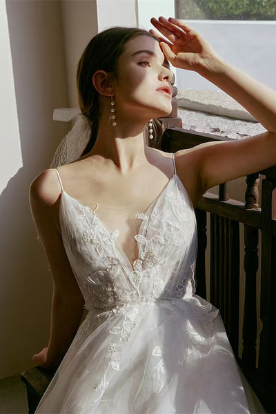 Spaghetti Long A-line Lace Tulle Wedding Dresses, Bridal Gown, Simple Wedding Dresses