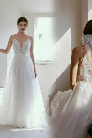 Spaghetti Long A-line Lace Tulle Wedding Dresses, Bridal Gown, Simple Wedding Dresses