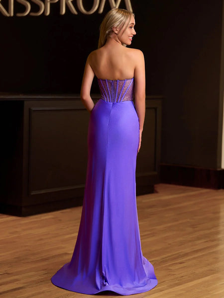 Side Slit Newest Long Prom Dresses, Strapless Evening Party Dresses, Beaded Bridesmaid Dresses