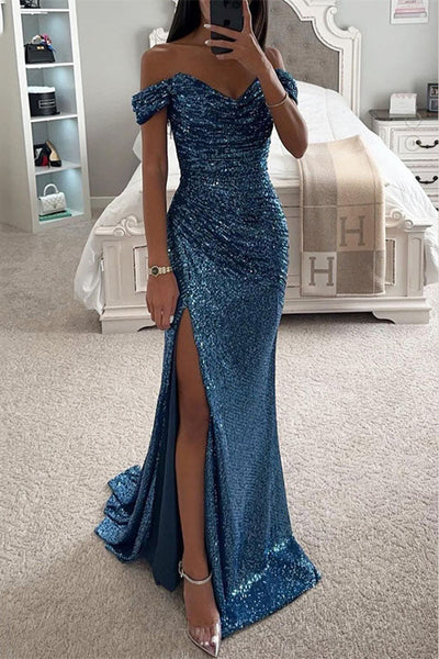 Off the Shoulder Long Mermaid Shiny Sequin Prom Dresses, High Side Slit Prom Dresses, 2025 Prom Dresses