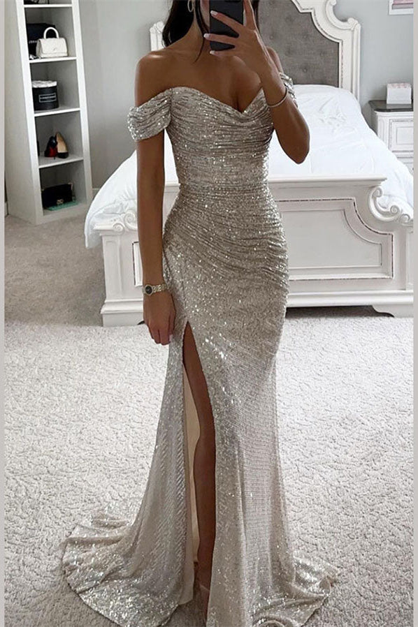 Off the Shoulder Long Mermaid Shiny Sequin Prom Dresses, High Side Slit Prom Dresses, 2025 Prom Dresses