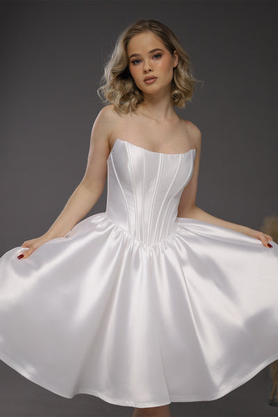 Strapless Ivory Satin Mini Wedding Dresses, Corset Bones Mini Dresses, Homecoming Dresses