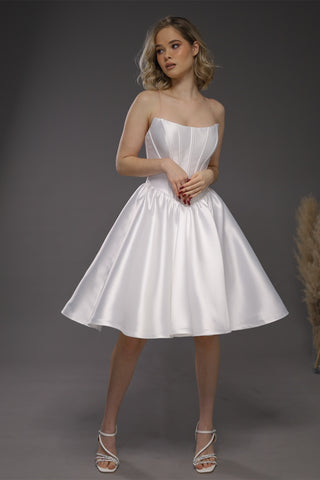 Strapless Ivory Satin Mini Wedding Dresses, Corset Bones Mini Dresses, Homecoming Dresses