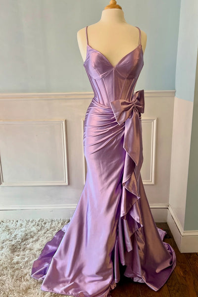 Spaghetti Long Mermaid Purple Soft Satin Prom Dresses With Bow, Newest Sexy Party Dance Prom Dresses