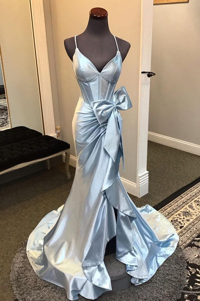 Spaghetti Long Mermaid Light Blue Soft Satin Prom Dresses With Bones, Newest Popular Prom Dresses