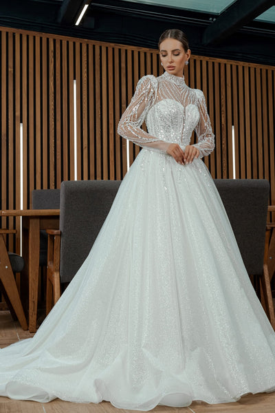 High Neck Sequin Tulle Wedding Dresses, A-line Bridal Gown, Shiny Wedding Dresses