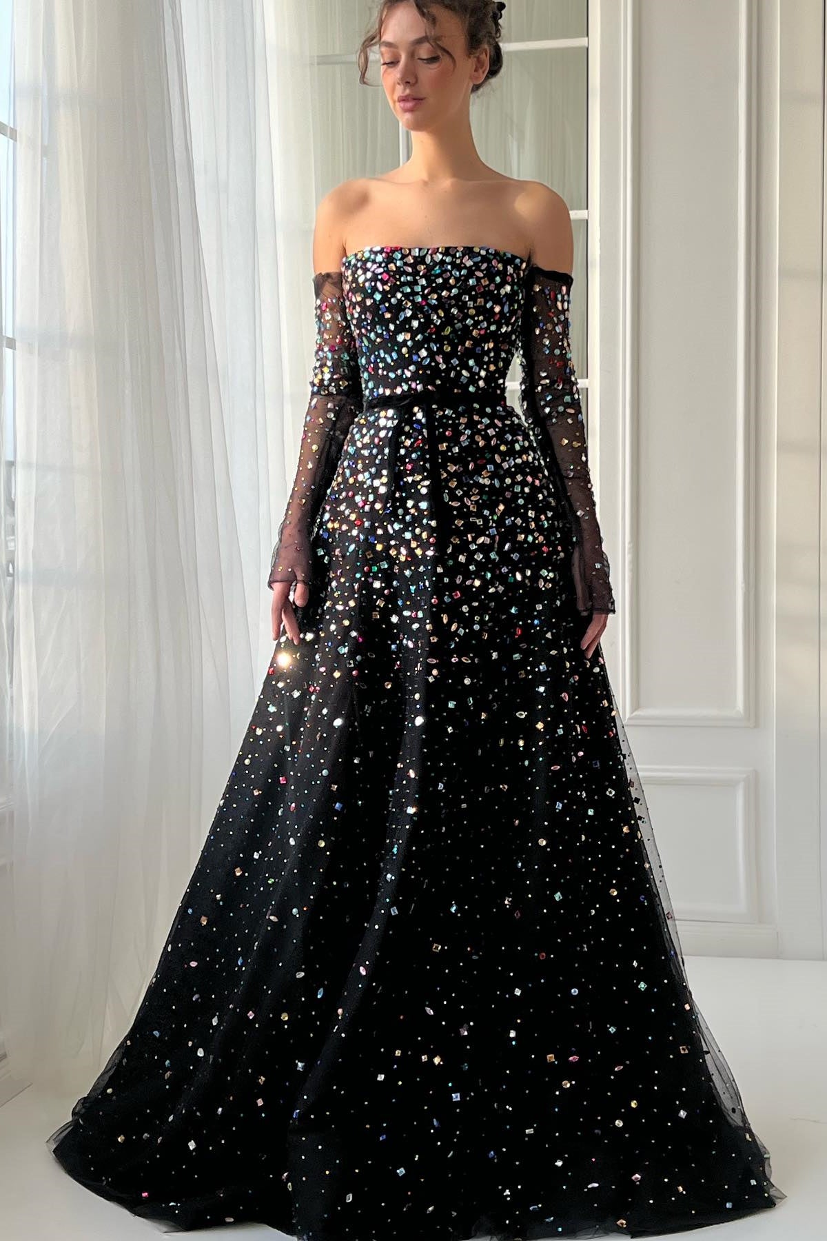 Off the Shoulder A-line Black Maxi Dresses WIth Colorful Rhinestones, Luxury Prom Dresses, Newest 2025 Prom Dresses