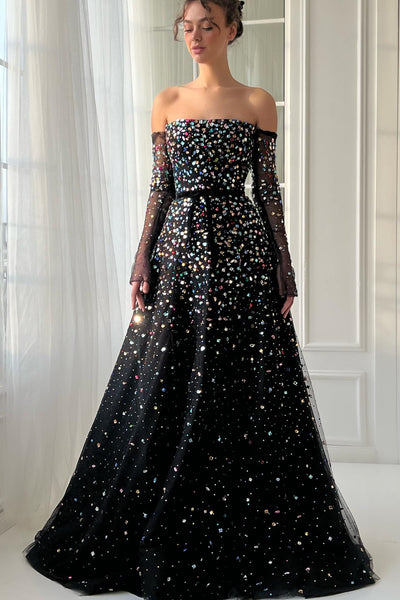 Off the Shoulder A-line Black Maxi Dresses WIth Colorful Rhinestones, Luxury Prom Dresses, Newest 2025 Prom Dresses