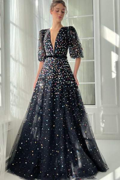 Deep V-neck Bubble Sleeves Colorful Rhinestones Prom Dresses, Black Maxi Dresses, Party Dresses, Formal Evening Dresses