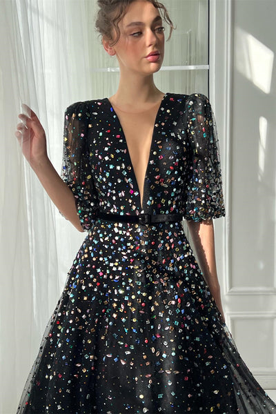 Deep V-neck Bubble Sleeves Colorful Rhinestones Prom Dresses, Black Maxi Dresses, Party Dresses, Formal Evening Dresses