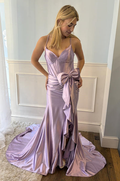 Spaghetti Long Mermaid Purple Soft Satin Prom Dresses With Bow, Newest Sexy Party Dance Prom Dresses