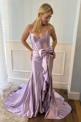 Spaghetti Long Mermaid Purple Soft Satin Prom Dresses With Bow, Newest Sexy Party Dance Prom Dresses