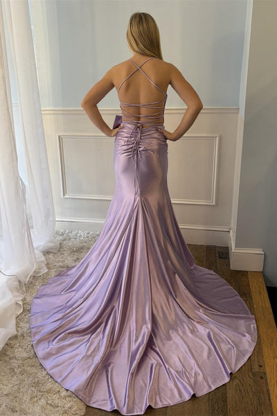 Spaghetti Long Mermaid Purple Soft Satin Prom Dresses With Bow, Newest Sexy Party Dance Prom Dresses