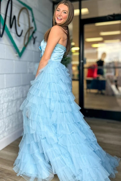 Sweetheart A-line Baby Blue Layers Cake Dresses, Longly Prom Dresses With Bows, Newest Prom Dresses
