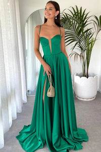 Spaghetti Long A-line Emerald Green Satin Prom Dresses, Chic Long Prom Dresses, 2025 Prom Dresses