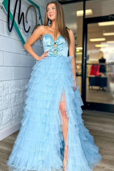 Sweetheart A-line Baby Blue Layers Cake Dresses, Longly Prom Dresses With Bows, Newest Prom Dresses