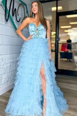 Sweetheart A-line Baby Blue Layers Cake Dresses, Longly Prom Dresses With Bows, Newest Prom Dresses