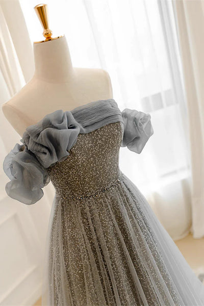 Grey A-line Sequin Tulle Prom Dresses, Shimmering Evening Dresses, Party Dancing Dresses