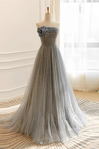 Grey A-line Sequin Tulle Prom Dresses, Shimmering Evening Dresses, Party Dancing Dresses