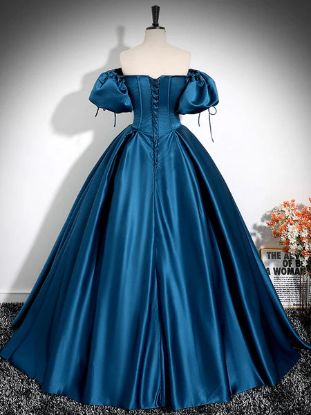 A-line Puffy Sleeves Satin Prom Dresses, Corset Evening Dresses, Newest Prom Dresses
