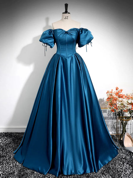 A-line Puffy Sleeves Satin Prom Dresses, Corset Evening Dresses, Newest Prom Dresses