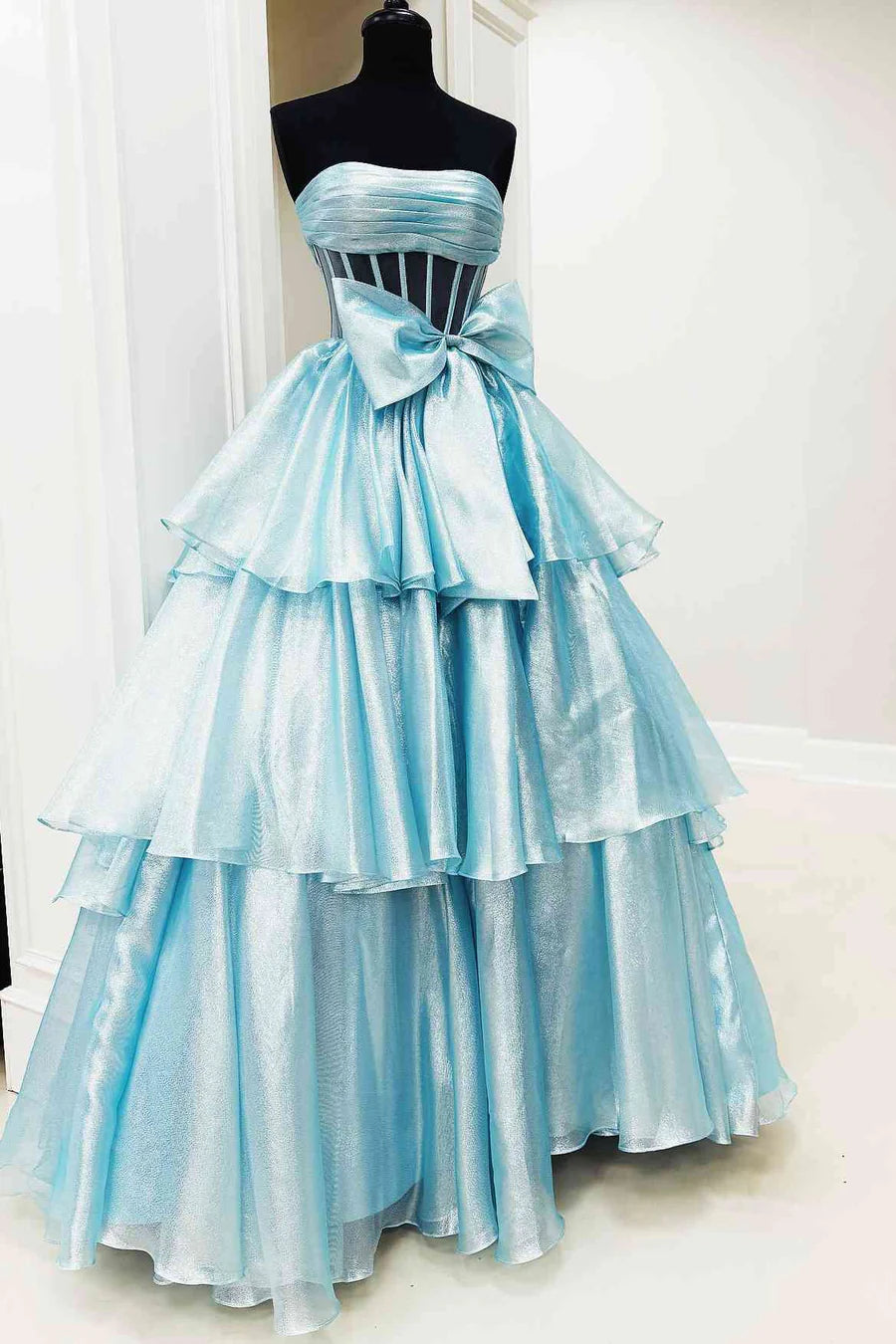 Strapless A-line Shimmering Layers Cake Dresses With Bow , Princess Dresses, Newest Long Prom Dresses