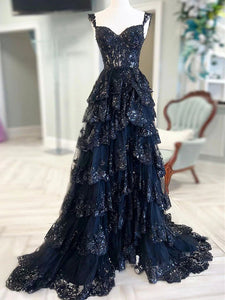 A-line Black Tulle Sequin Lace Edge Ruffles Prom Dresses, Evening Dresses, Newest Prom Dresses