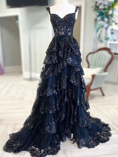 A-line Black Tulle Sequin Lace Edge Ruffles Prom Dresses, Evening Dresses, Newest Prom Dresses